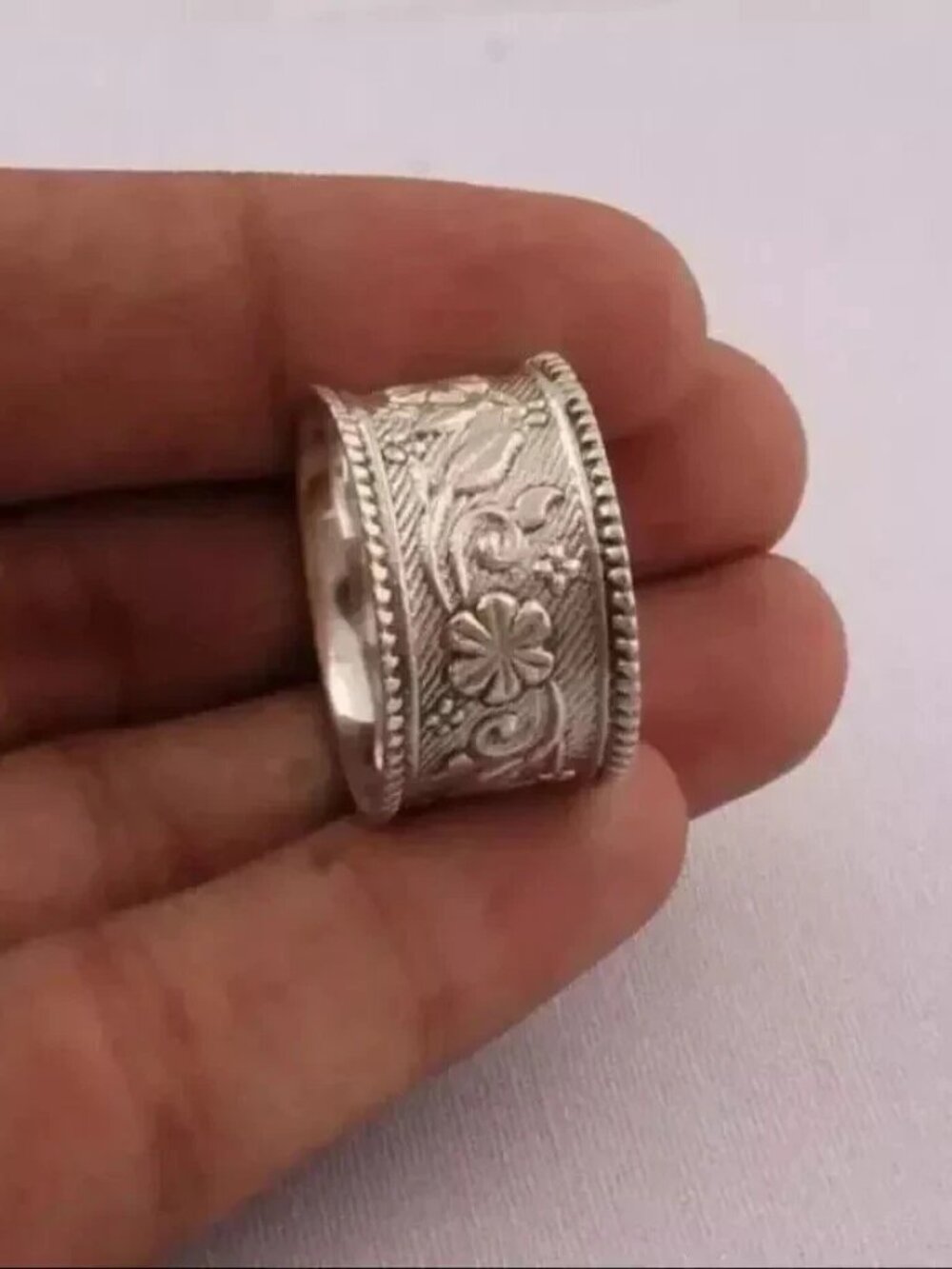 Solid 925 Sterling Silver Wide Flower Band Ring Statement Handmade Ring Size 7